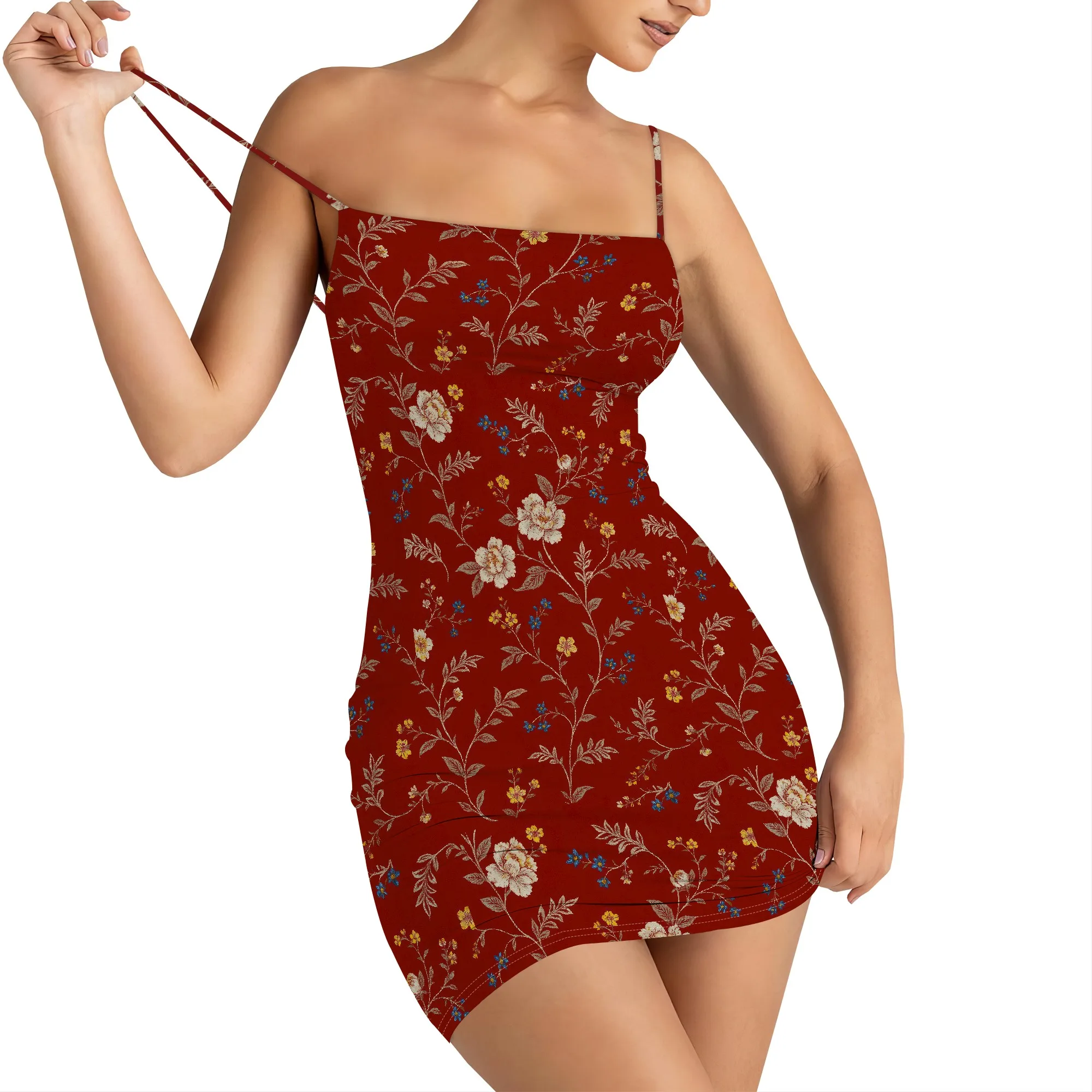 ผู้หญิง Ditsy ดอกไม้ Ruched Cami ชุดมินิเอวสูงสปาเก็ตตี้ชุดดินสอ