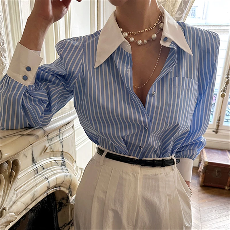 REALEFT Spring Summer Elegant Striped Women\'s Blouse One Pocket Turn-down Collar Single Breated Korean Shirts Female 2024 New