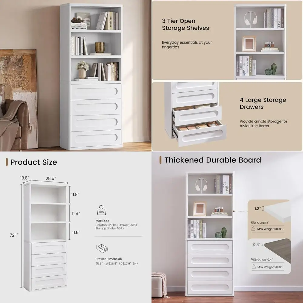 Большой книжный шкаф высотой 72,1 с 4 ящиками и 3 полками для решения для хранения в гостиной и спальне