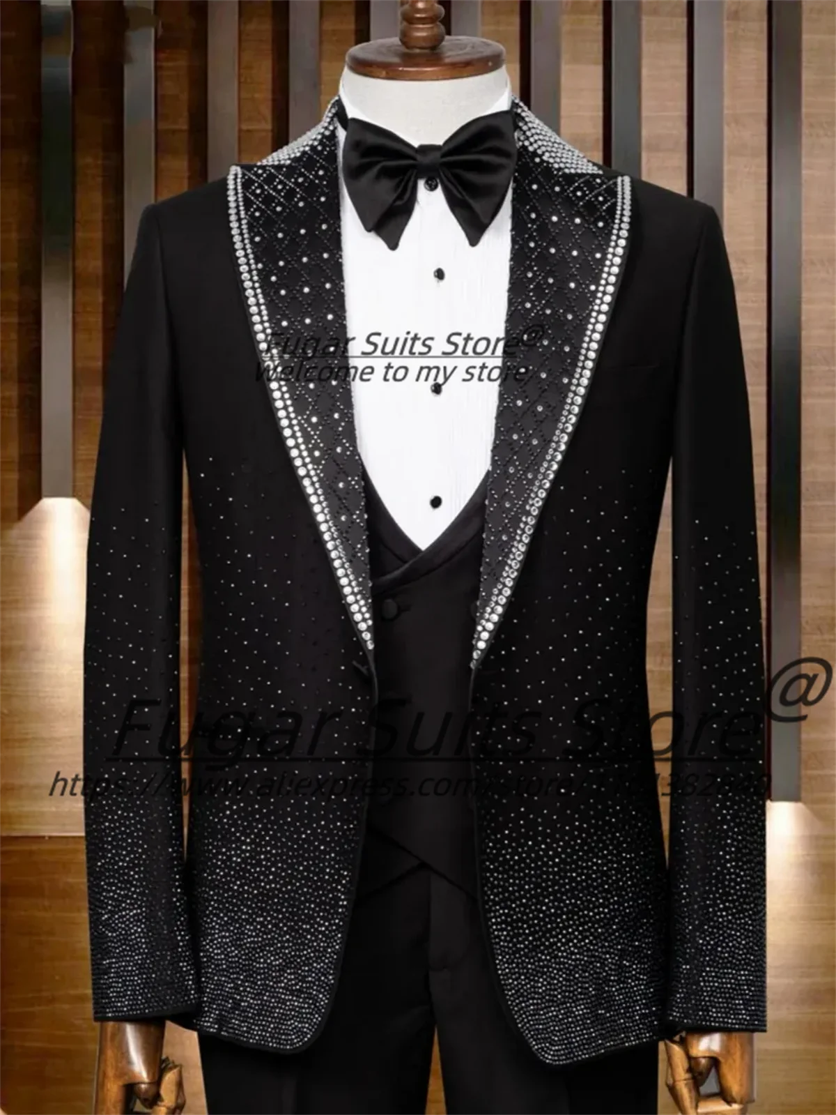 

Luxuly Black Shiny Diamond Groom Wedding Tuxedos Customized Slim Fit Peak Lapel Men Suits3Pcs Sets Male Prom Blazers Ropa Hombre