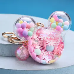 Criativo Oild Quicksand Keychain Floco de neve Cabeça de Mickey Desenhos animados líquidos Balão flutuante Chaveiro de boneca de grânulo Pingente de saco Menina Presentes