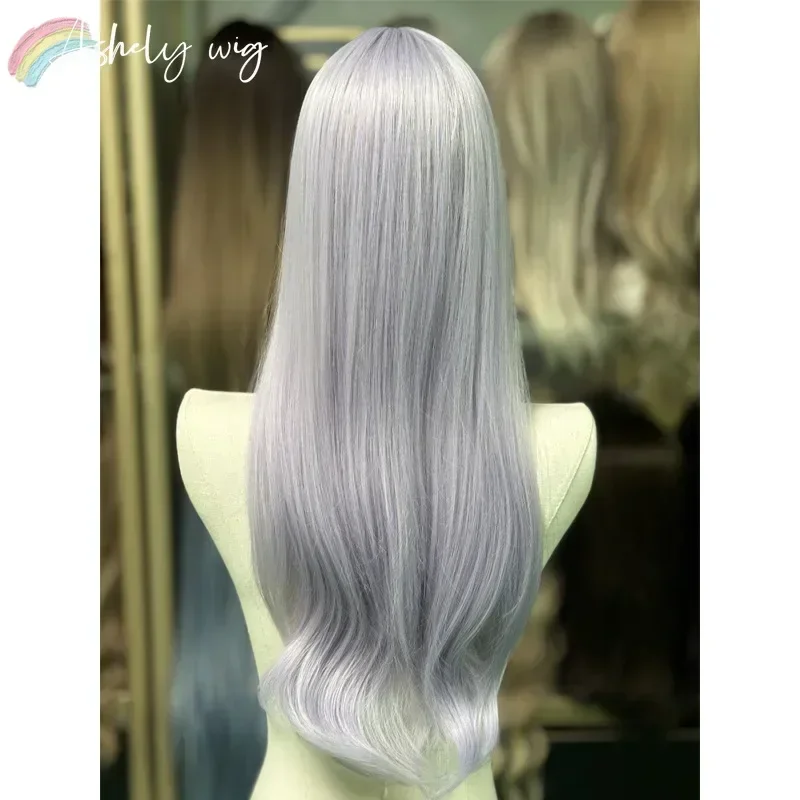 Peluca sintética ondulada larga y recta para mujer, cabello morado ashey, lila, diadema para Cospay, Lolita resistente al calor, 26 pulgadas