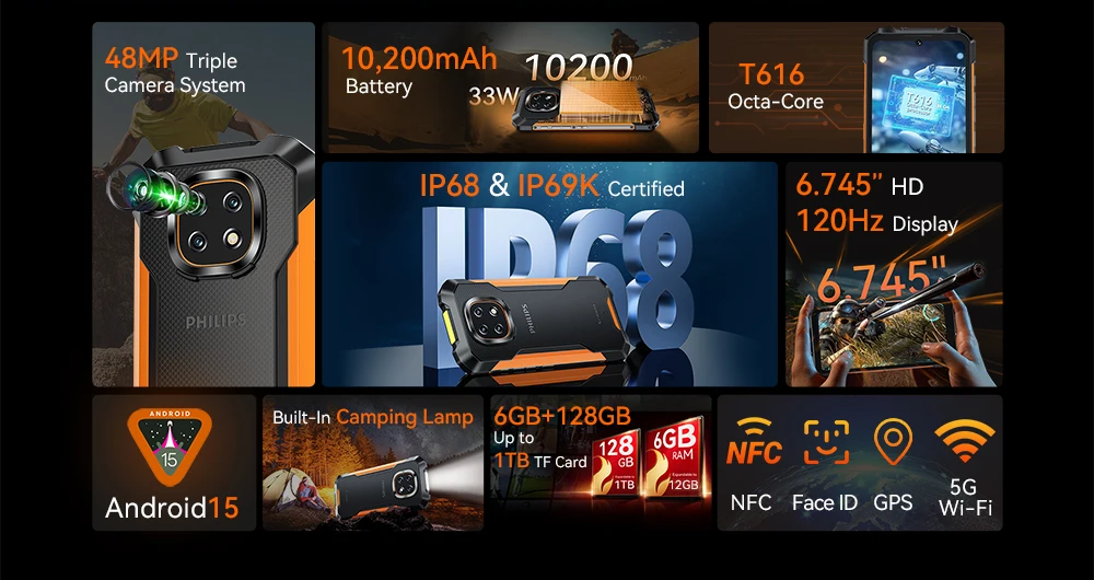 PHILIPS S8320 Rugged Smartphone 12(6+6)GB 128GB Dual Sim 6.745" 120Hz 48MP 10200mAh NFC Waterproof Camping Lamp Unlock