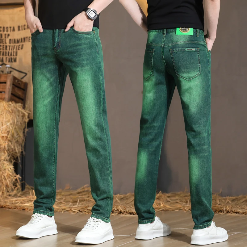 Abbigliamento da uomo di lusso leggero tendenze moda estiva verde lavato Vintage All-Match Stretch Slim Casual Jeans di fascia alta da uomo