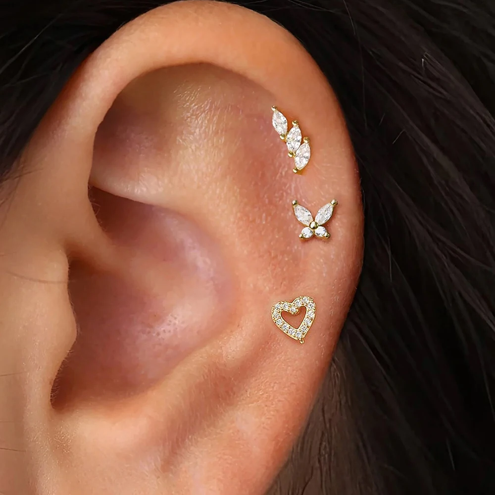 3PCS Gold Plated Heart Butterfly Stud Earrings Set For Women Stainless Steel Horse Eye Zircon Cartilage Piercing Jewelry aretes