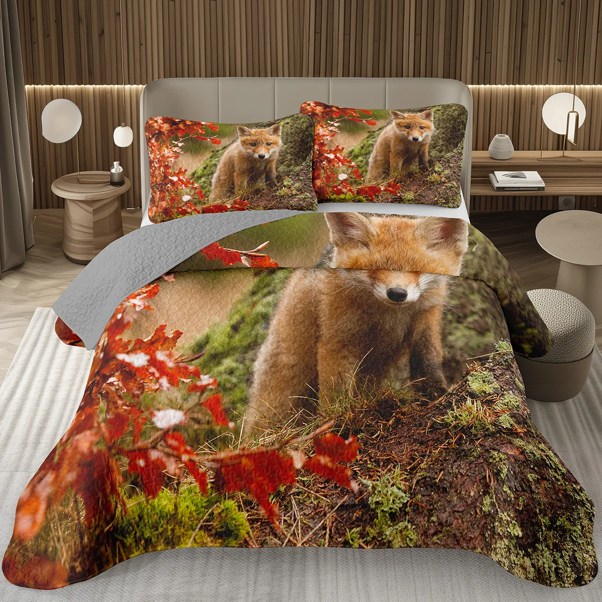 

Kawaii Fox Bedspread 2/3-Piece Forest Animal Reversible Quilt Set Nature Woodland Foxs Quilted Coverlet for Girls Teen Bedroom