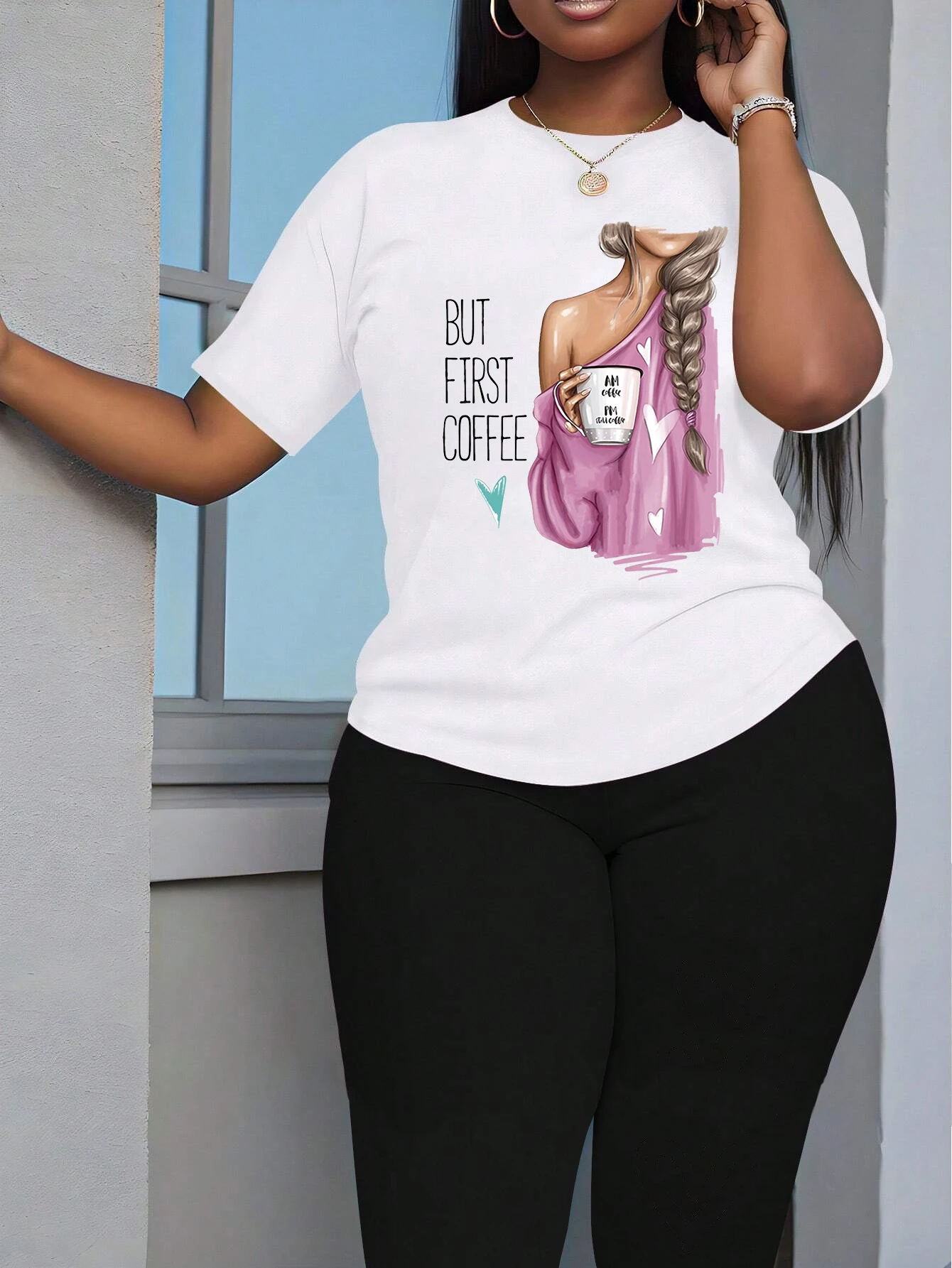 

But First Coffee Printing Women Round Neck Casual T Shirts Two Piece Set Fashion Novel Breathable Soft Elastic Pants Sets Female