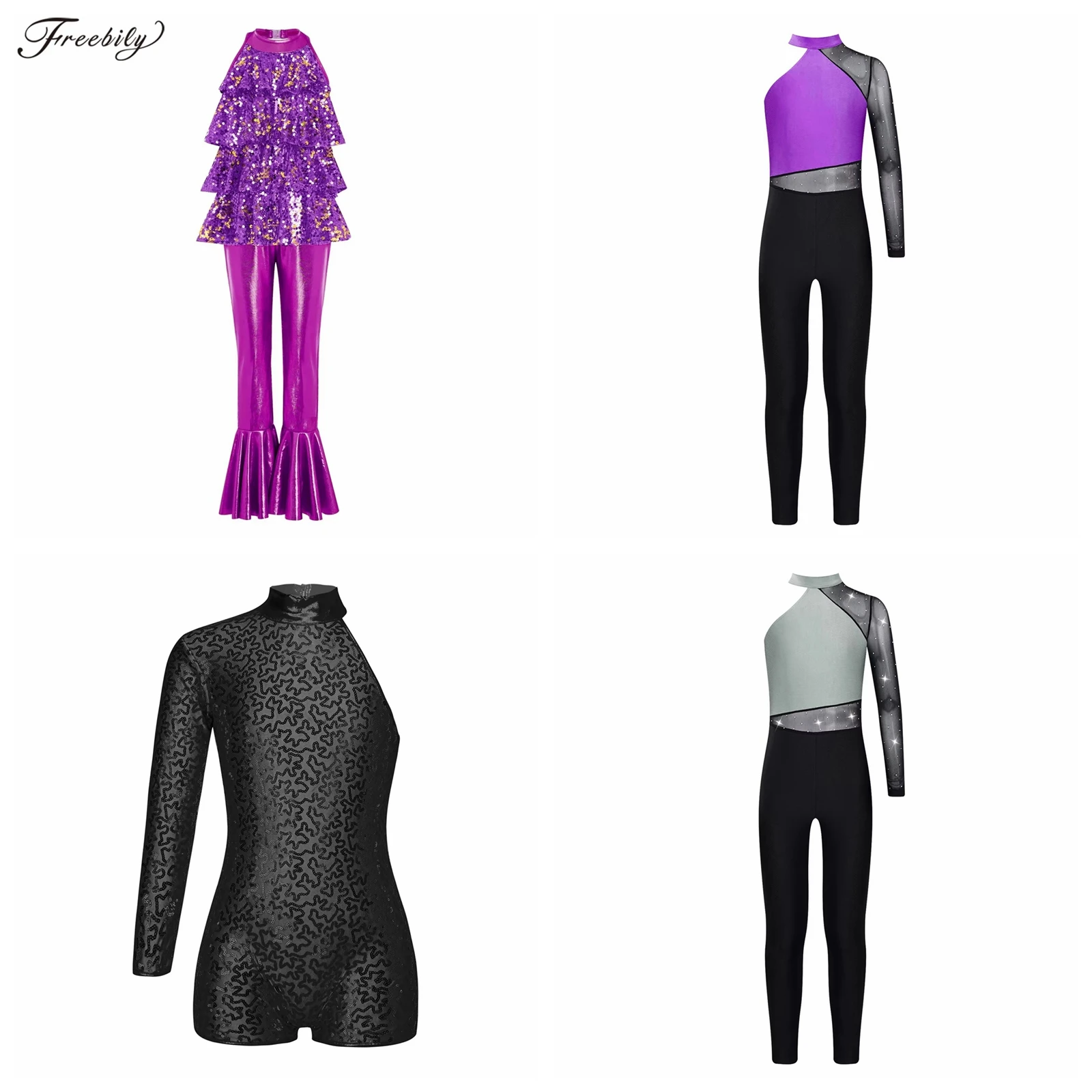 Girl's Disco Jazz Dance Costume Child Gymnastics Bodysuit Kids Halter Sequin Party Romper Bell-bottom Dance Jumpsuit Pants