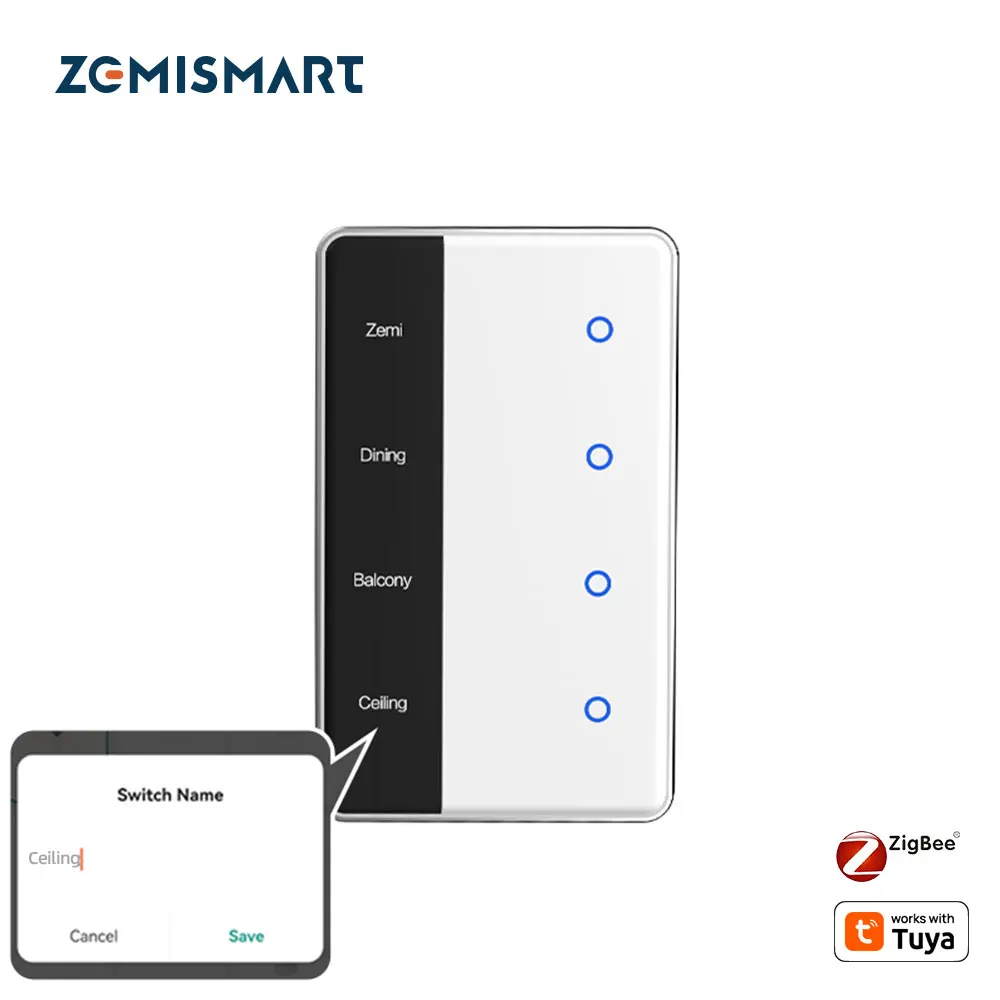 Zemismart Zigbee DIY Name Switch Work with Tuya Smart Display Screen Touch Panel US Light Switch Alexa Google Home Voice Control