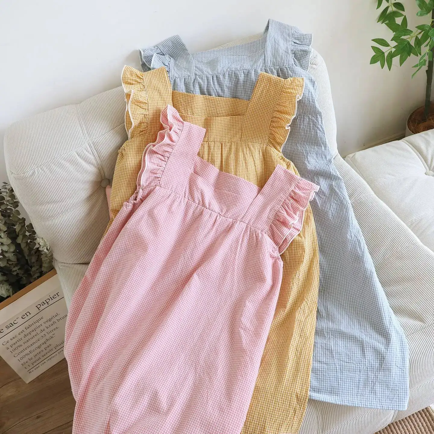 فستان باما بدون أكمام للسيدات للربيع والصيف بتصميم منقوش من القطن الرقيق مع وسادة صدر، ثوب نوم جميل