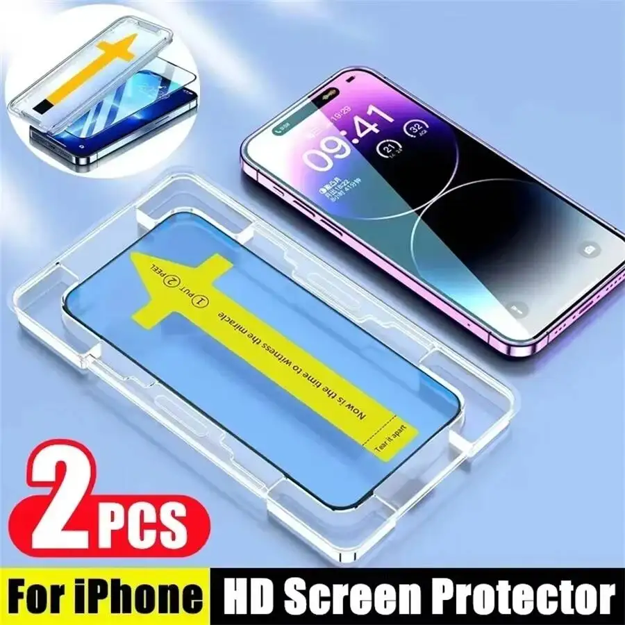 

1-2PCS One-Click Dust Free Installation HD Screen Protector For Iphone 14 13 12 11 15 16 17 Pro Max X XR XS MAX 7 8 Plus Glass