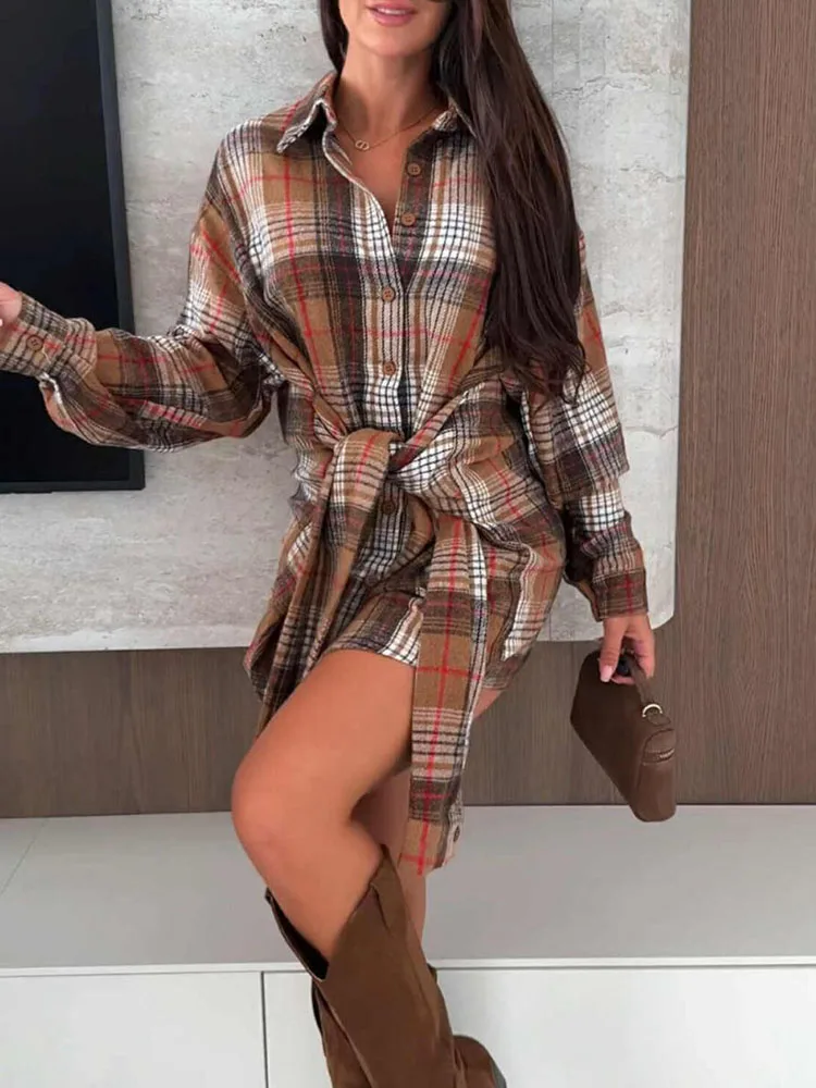 

Spring and Autumn new women's long lace up checkered shirt urban commuting style lapel buckle long sleeved shirt