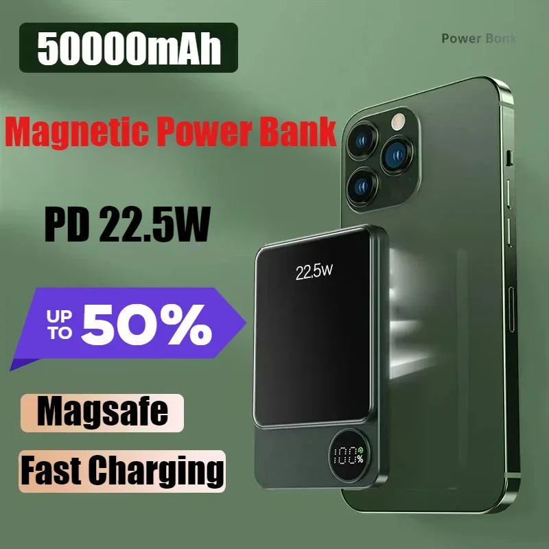 

New Wireless Power Bank Magnetic 50000mAh Magsafe Portable Battery Charger Cases Type-C Fast Charging for iPhone Xiaomi Samsung