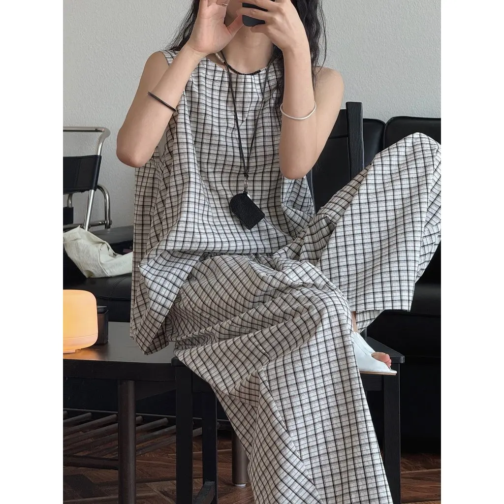 

Louvu Women's Silk Plaid A-Line Vest Korean Style Simple INS Bright Summer Top Lightweight Comfortable Profile