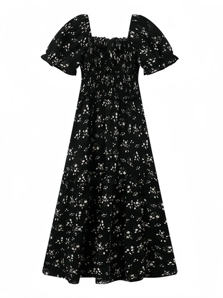 

Plus Size Hebe Sle Bla Floral Print Square Ne Summer Dr Women's Retro Tea Break Beach Holiday Long Dr Commute Korean Version