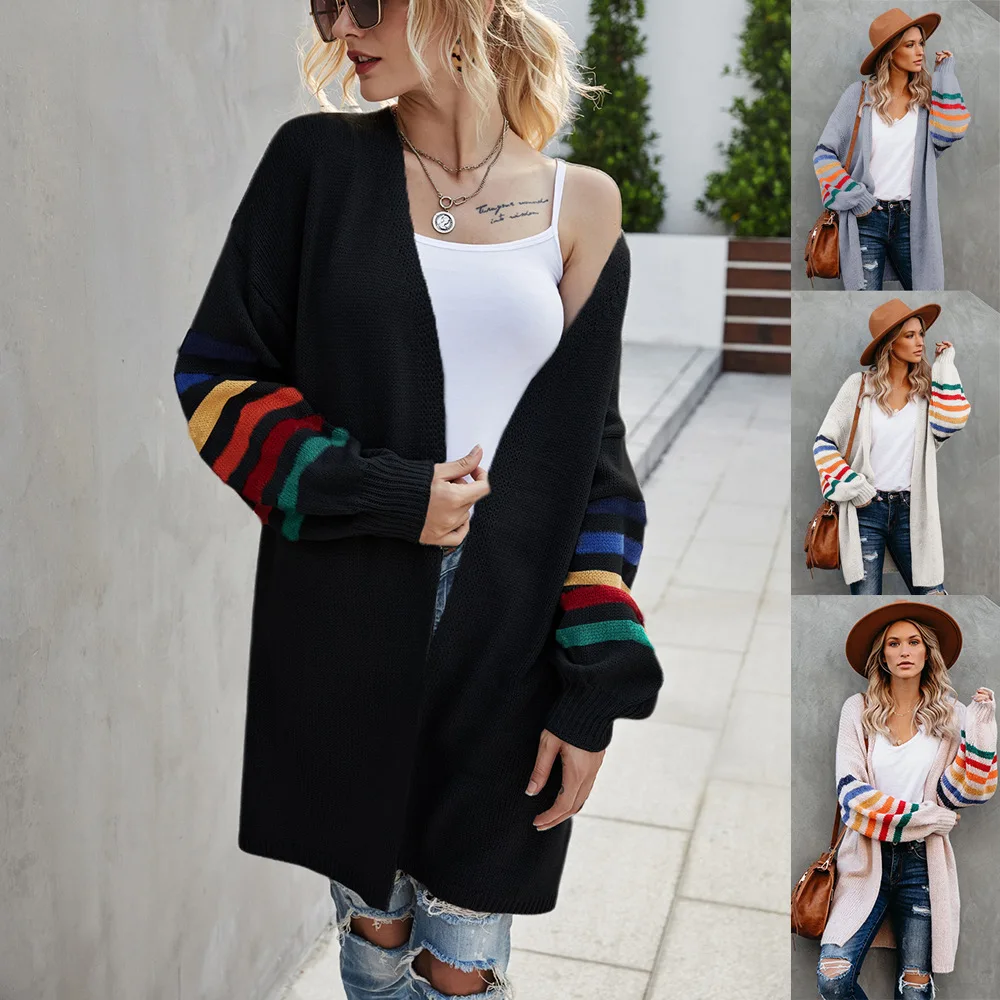 

Women Clothing Sweaters V Neck Long Sleeve Open Stitch Knitted Cardigan Spliced Outerwear Knee Length Slights Strech Casual