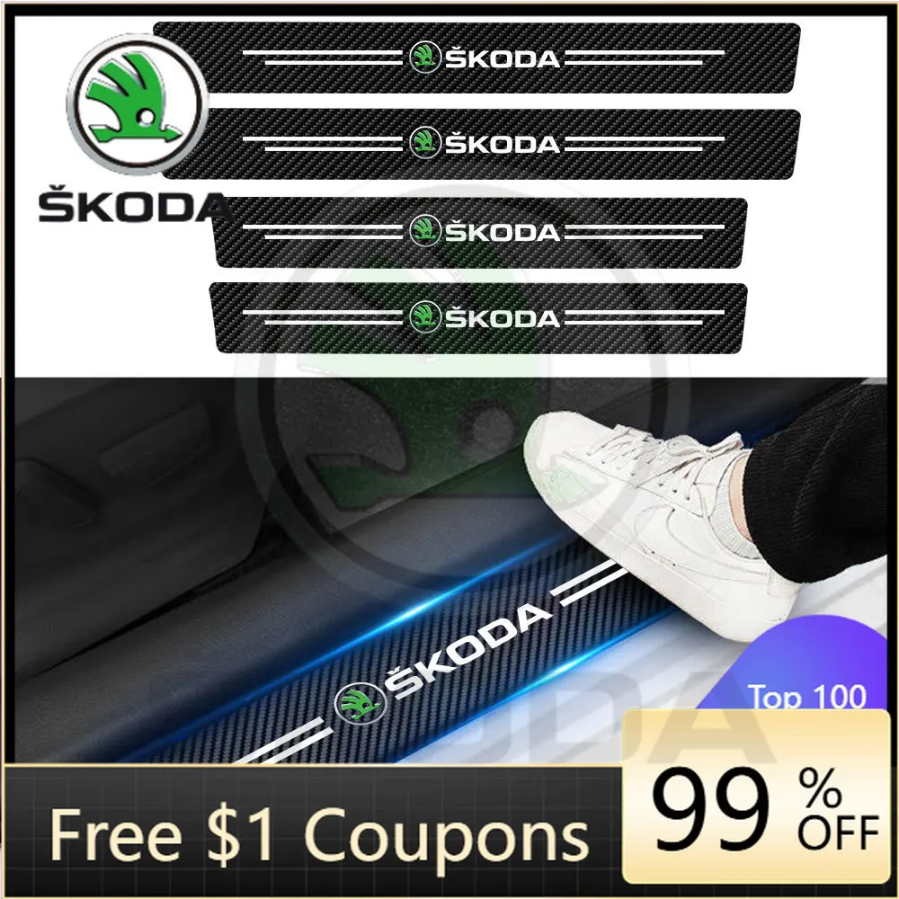 

Car Sticker 2026 New 4Pcs Carbon Fiber Car Door Sill Protector Threshold Stickers For Skoda Rapid Scala Kodiaq Fabia Kamiq Karoq
