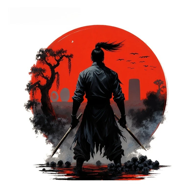 Samurai Warrior Dual Swords Red Sun Background Japanese Art Black Silhouette Urban Landscape Trees Birds Decorative Sticker