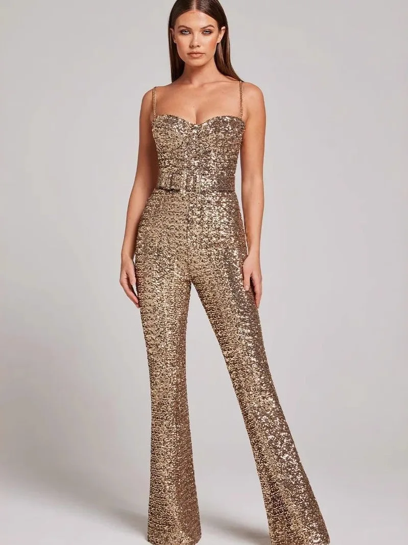 

Sexy Slim Fit Sequined Jumpsuit Women's Faion High Waist Long Pants Polyester Micro Flared Leggings Summer Collection