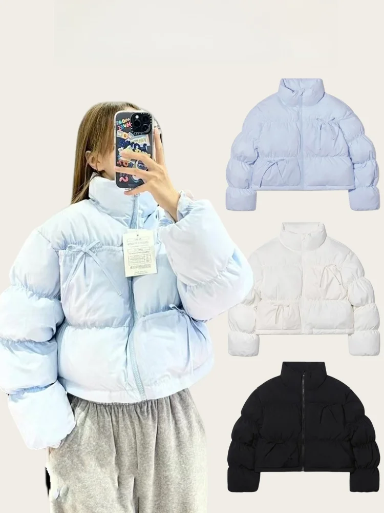 

Утепленная хлопковая куртка Oioi с бантом, короткая пуховая куртка, теплая, для повседневной носки, с длинными рукавами, укороченная.