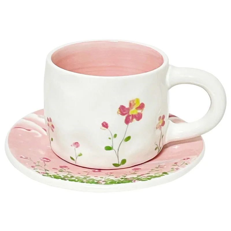 Korean-style Pink Coffee Cup Ins Style Ceramic Cup and Saucer Set Mug Hand-painted Lovely Girl Heart Afternoon Tea Heart Plate