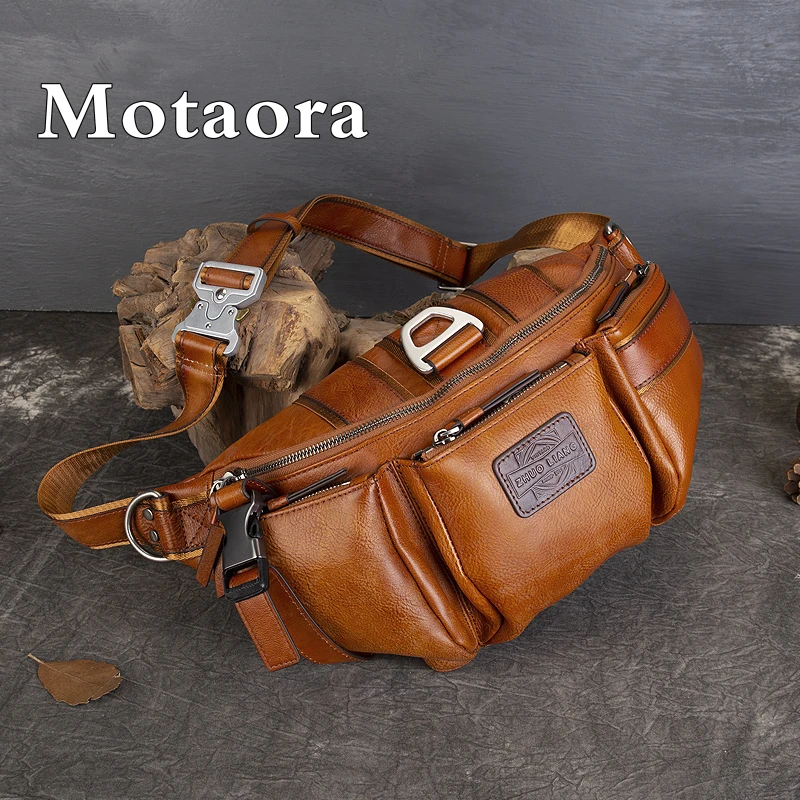 MOTAORA New Vintage Men's Chest Bag Multi Function Genuine Leather Crossbody Riding Bag Large Capacity Cowhide Underarm Bags