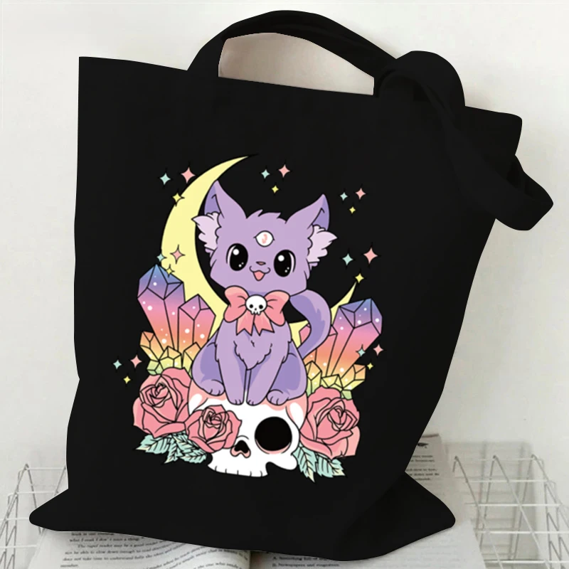 Cat Skull Gothic Punk Shopping Bags Large Capacity Canvas Folding Eco-Friendly Tote Bags Reusable Shoulder Bag Grocery Handbag