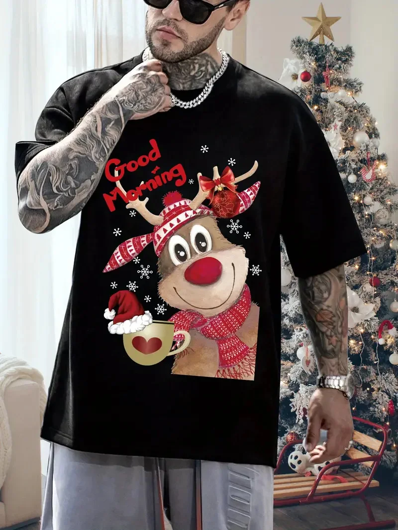 

Fashion Loose Men Christmas Tee Cartoon Elk 3D Print Men's T Shirt Casual O-neck Short Sleeve Tops New Year Party X'mas Clothing