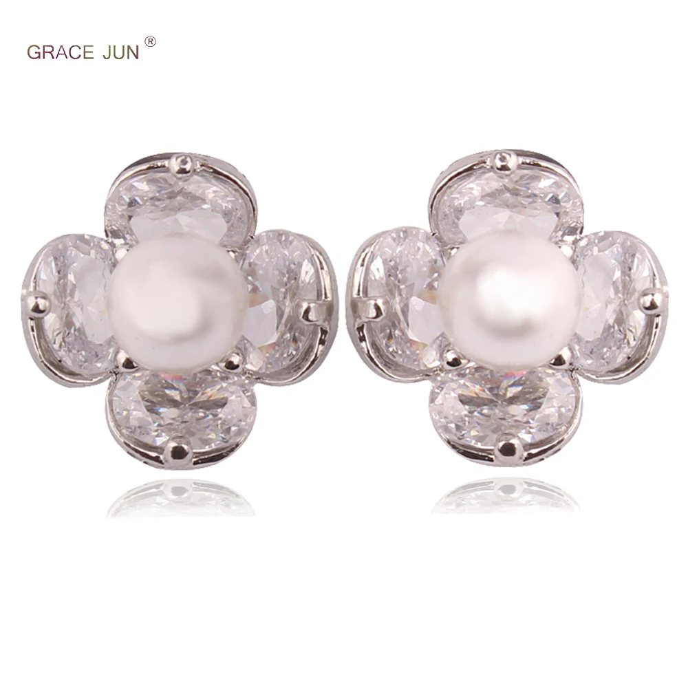 GRACE JUN Fashion Cubic Zircon Pearl Clip on Earrings No Pierced Earrings for Women Birthday Party Charm Jewelry Ear Clip