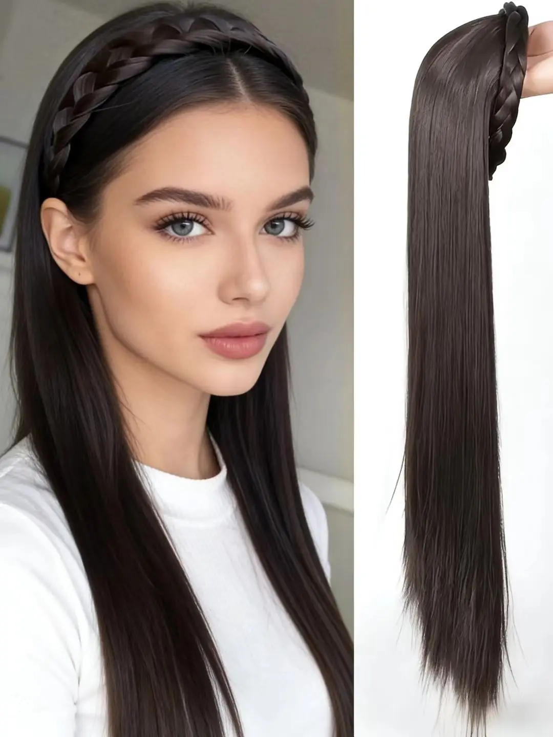 

Women's One-Piece Wig Headband, European and American Style Long Straight Hair with Braided Headband Half,synthetic hair