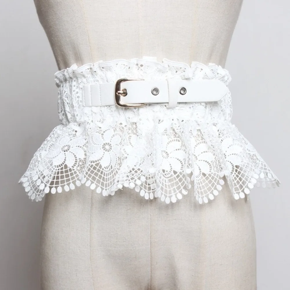 Vintage Solid Color Lace Cummerbunds Elastic Adjustable Pin Buckle Corset Belt Slimming Waist Seal Wide Waistband Girl
