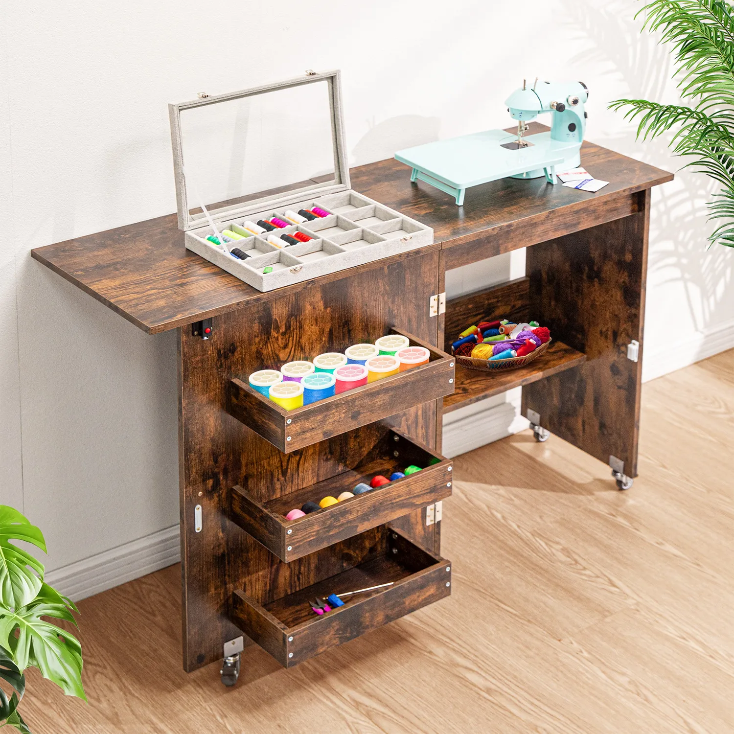 Folding Sewing Machine Table Multipurpose Cabinet with 1 Storage Shelves 3 Trays view 3