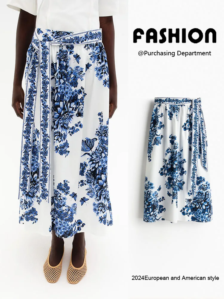 

High Waist A-Line Skirt Summer New Arrival Women's Faion Printed Belt Design Silk f-length Skirts Commute Sle