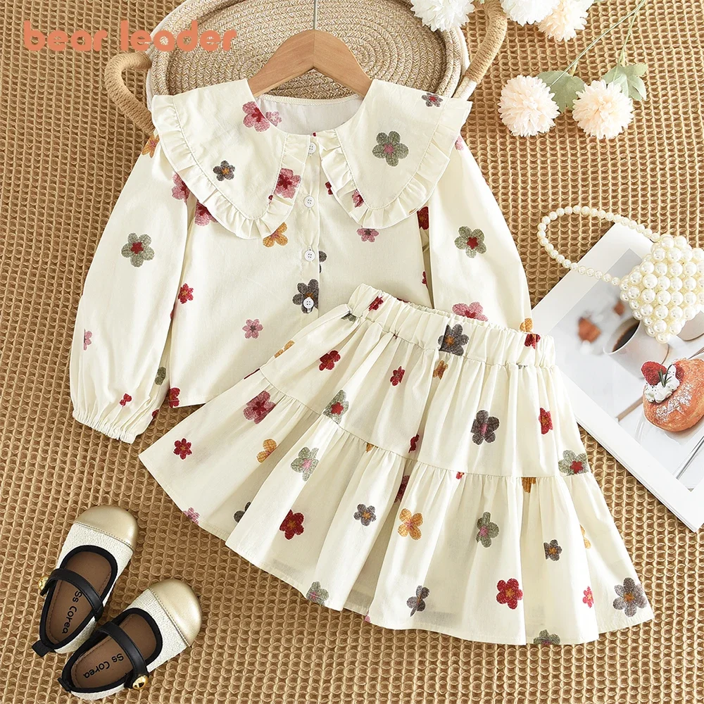 

Autumn New Sweet and Cute Girl Casual Suit Flip Collar Long Sleeve Printed Single Breasted Shirt+pleated Skirt Two Piece Set