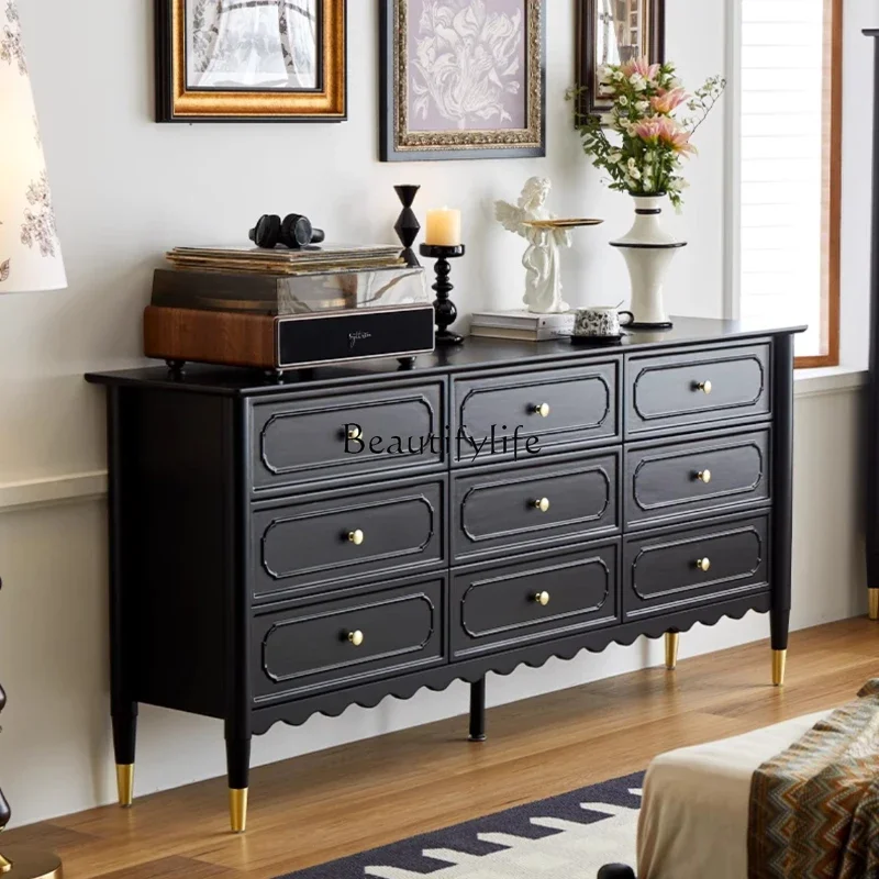 

pg45French Retro Nine-Drawer Cabinet Solid Wood Master Bedroom Tailstock Storage Living Room Black Chest of Drawer