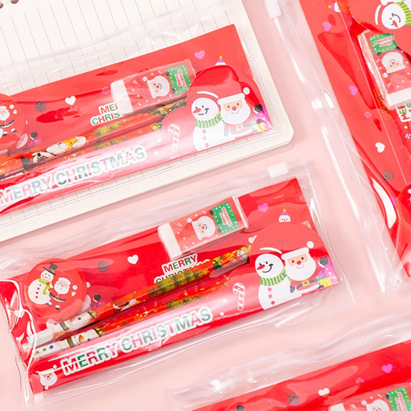 1 Set/5pc Christmas Stationery Gift Set Pencil Eraser Pencil Sharpener Ruler Student Writing Tools Kid School Supplies Wholesale