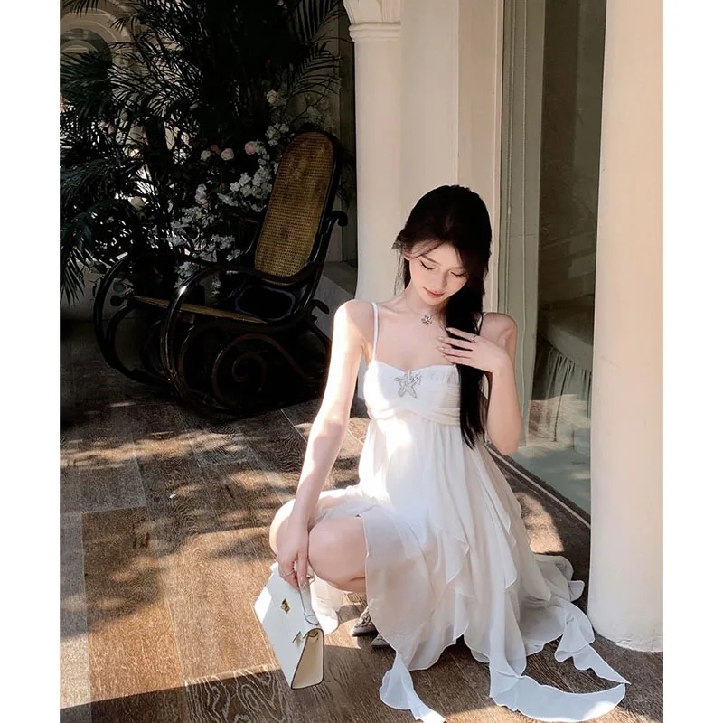 New Women Spaghetti Strap Mini Dress Y2k Summer French Style Ruffles Pink Sexy Sweet Dresses Women Birthday Club Party Dresses