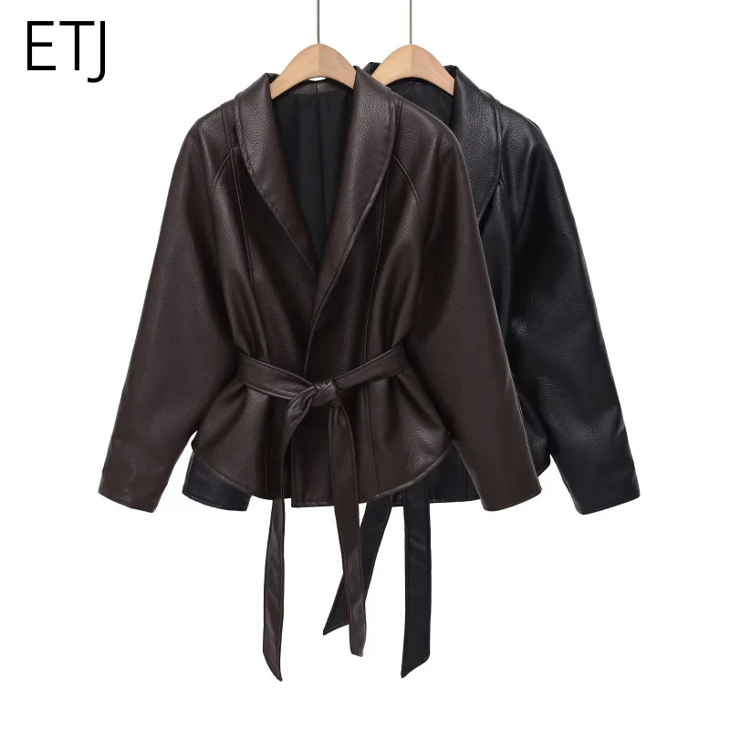 ETJ Women's PU Leather Vintage Wrap Jacket Belted High Neck Short Coat 2026 Spring Minimalist Retro Urban Fashion Outerwear