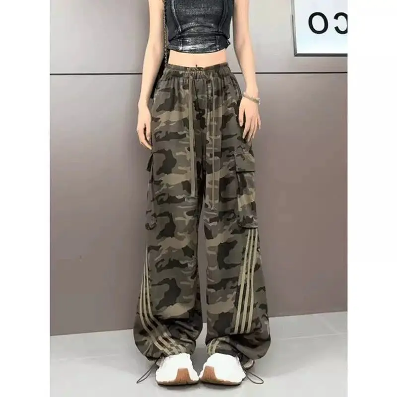 Spring Summer New Trend All-match Camouflage Elastic Waist Straight Female Vintage High Waist Pocket Trousers Women Clothing