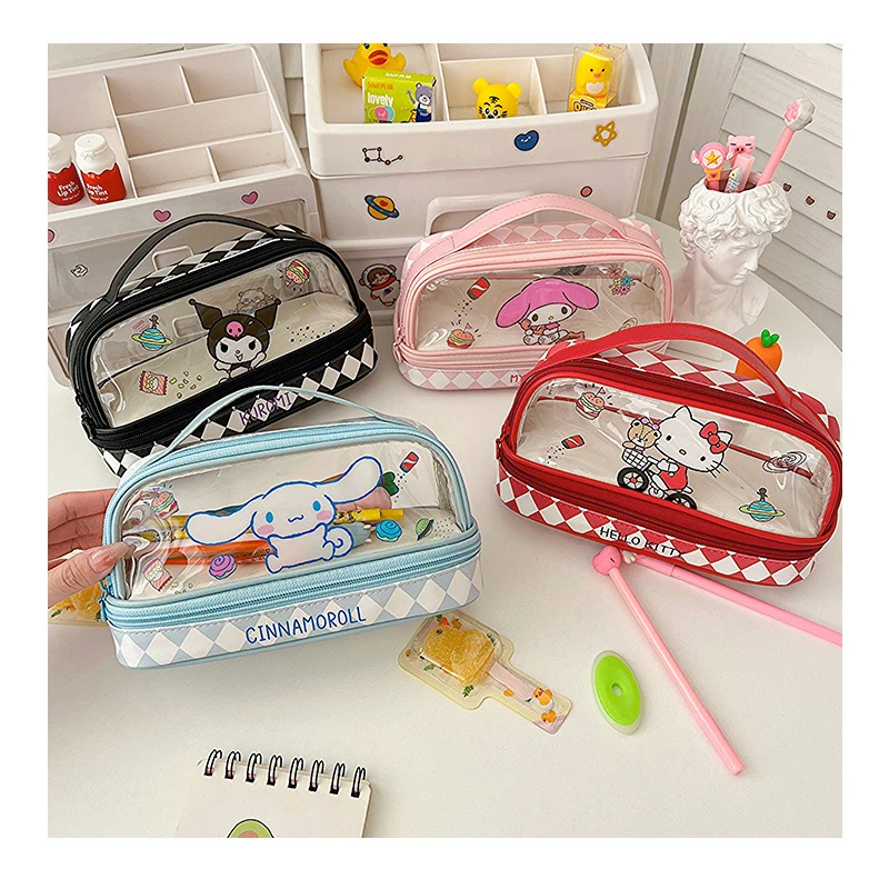 Kawaii Cartoon Hellokitty Kuromi Large Capacity Transparent Double Layer Pencil Case Cartoon Cinnamoroll Stationery Pen Bag