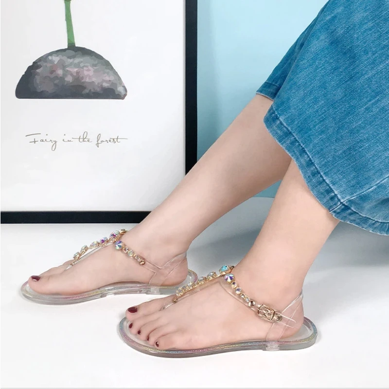 Size 36-42 Women Girls Jelly T- Tied Sandals INS Hot Sales Diamond Transparent PVC Summer Berach Flip-flop Shoes S1055 view 5