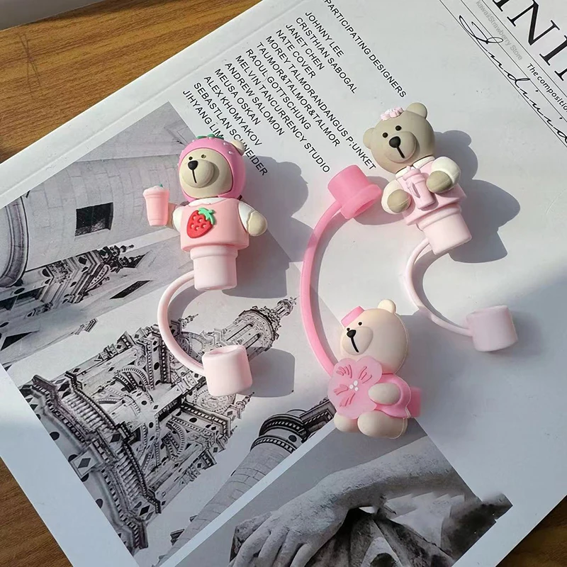 Cute Bear Straw Cover Caps For Stanley Cups Kawaii 10mm Straw Toppers For Tumbler Silicone Dust-Proof Creative Straw Tip Cover