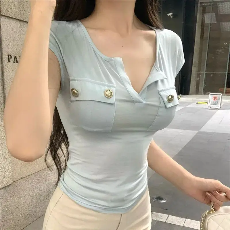 Hot girl thin blue short-sleeved slim T-shirt female summer tight slim light mature style versatile short top