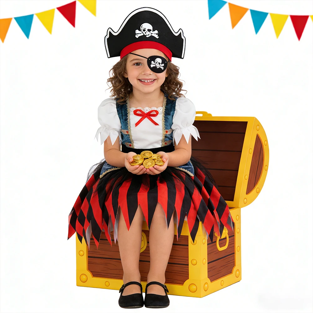 Pirate Captain Perform 3Pcs Sets for Children Buccaneer Clothes Carnival Outfits Girls Pirate Cosplay Costumes Princess Dress