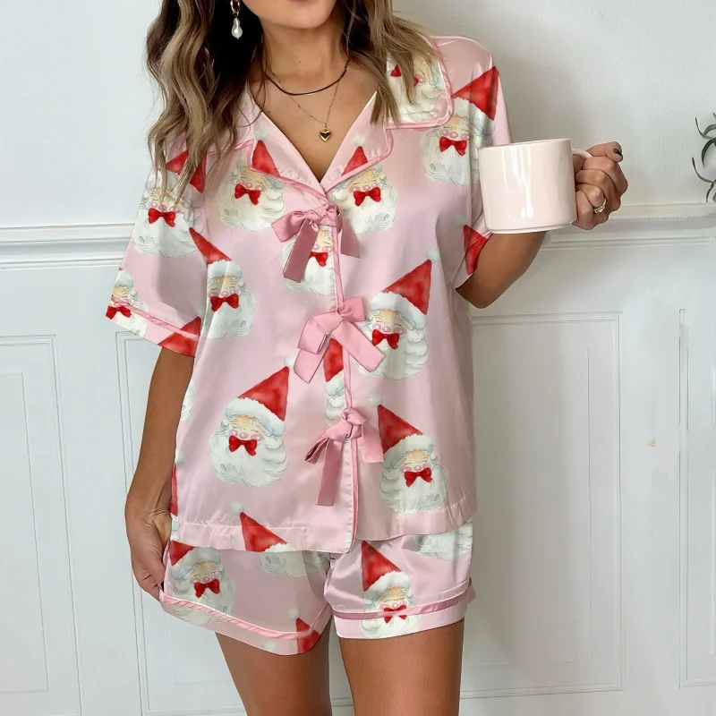Damski świąteczny zestaw piżamowy z nadrukiem Świętego Mikołaja, różowa kokarda, dwuczęściowy komplet: koszula i spodnie do noszenia w domu.