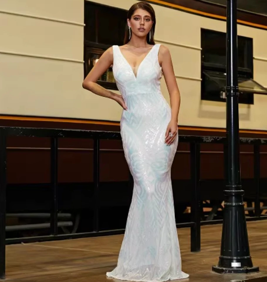 Vestido blanco elegante con purpurina y lentejuelas para mujer, cuello en V, corte ancho, sirena, largo hasta el suelo, elegantes y bonitos