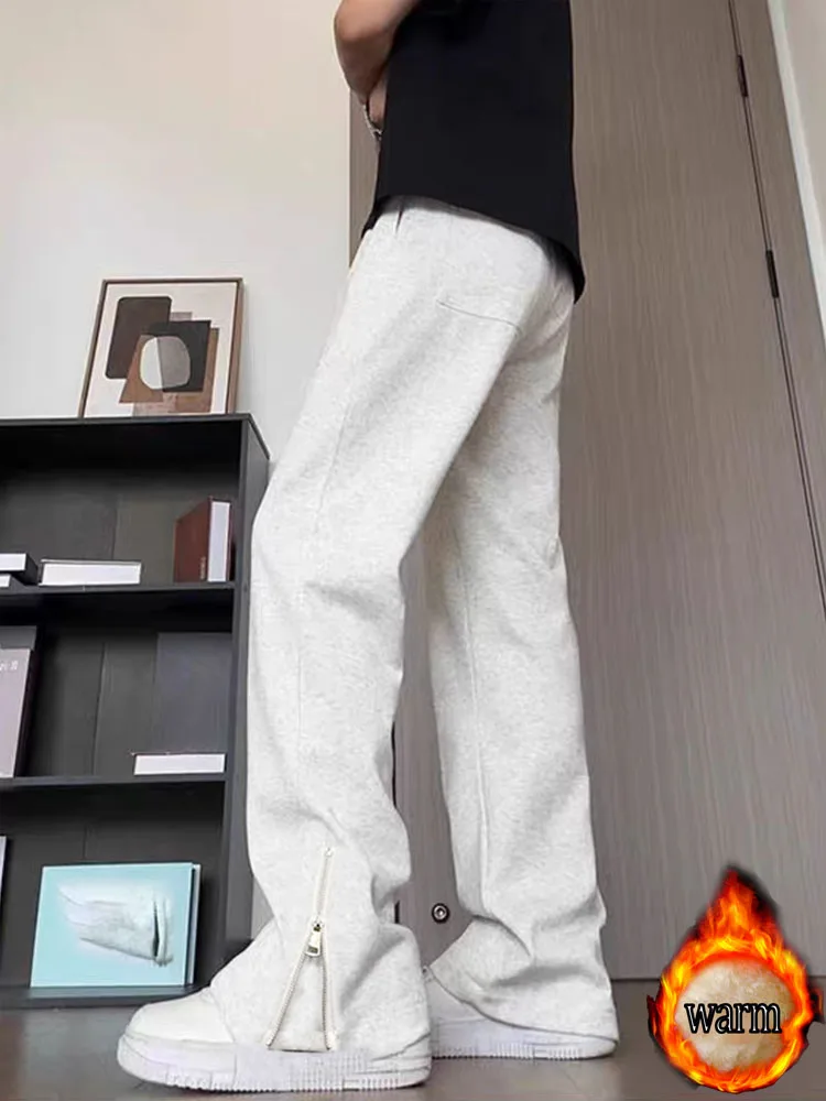 Spodnie unisex w stylu koreańskim na jesień i zimę z bocznym zamkiem błyskawicznym, szerokie nogawki, długie spodnie, ocieplane polarem i pogrubione, nowe, codzienne, wygodne, uniwersalne spodnie dresowe.