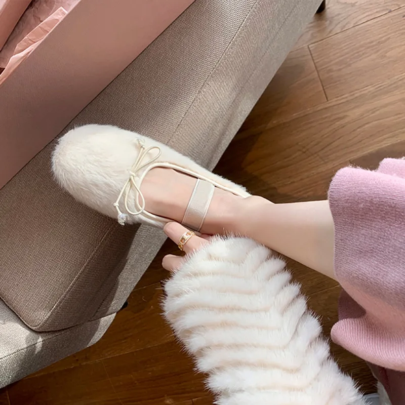 Sweet Furry Bowtie Ballerinas Women Fur Lined Ballets Winter Round Toe Flats Female Bridal Wedding Shoes Dance Mocasines Mujer