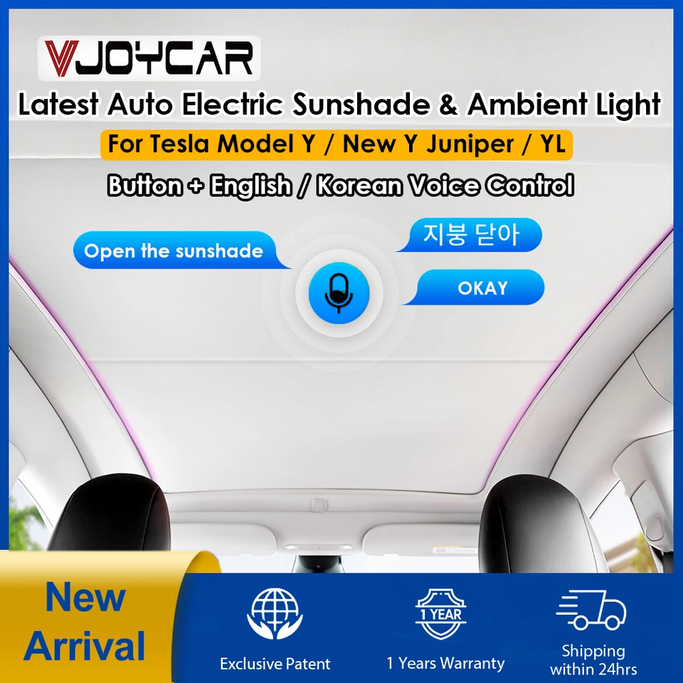 테슬라 모델 Y용 신형 전동 선쉐이드, MY, New Y Juniper, Model Y L새로운 Y 주니퍼 앰비언트 라이트 루프 쉐이드, 영어 한국어 음성 제어 버튼 제어, 여름 자외선 차단 접이식 선바이저 액세 썸네일 7