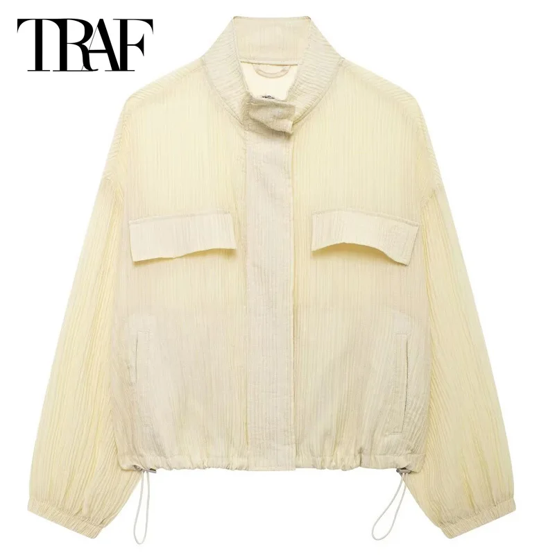 TRAF Translucent Crop Outerwears Women's Jacket Summer Autumn 2024 O-Neck Long Sleeve Zip Up Women's Coat Fashion Casual Jacket